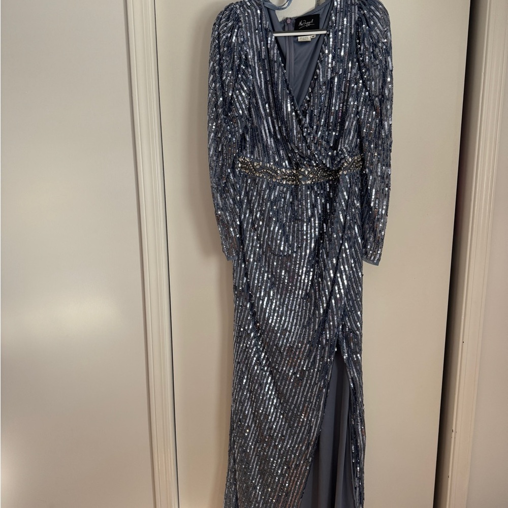Mac Duggal Blue Sequin Ruched Gown with Bishop Sleeves